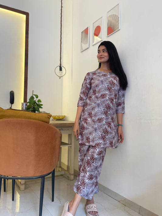 Tropical Print Women Cotton Blend Kurta Pant Set