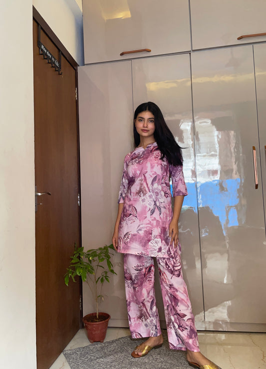 Pink Flower Women Cotton Blend Kurta Pant Set