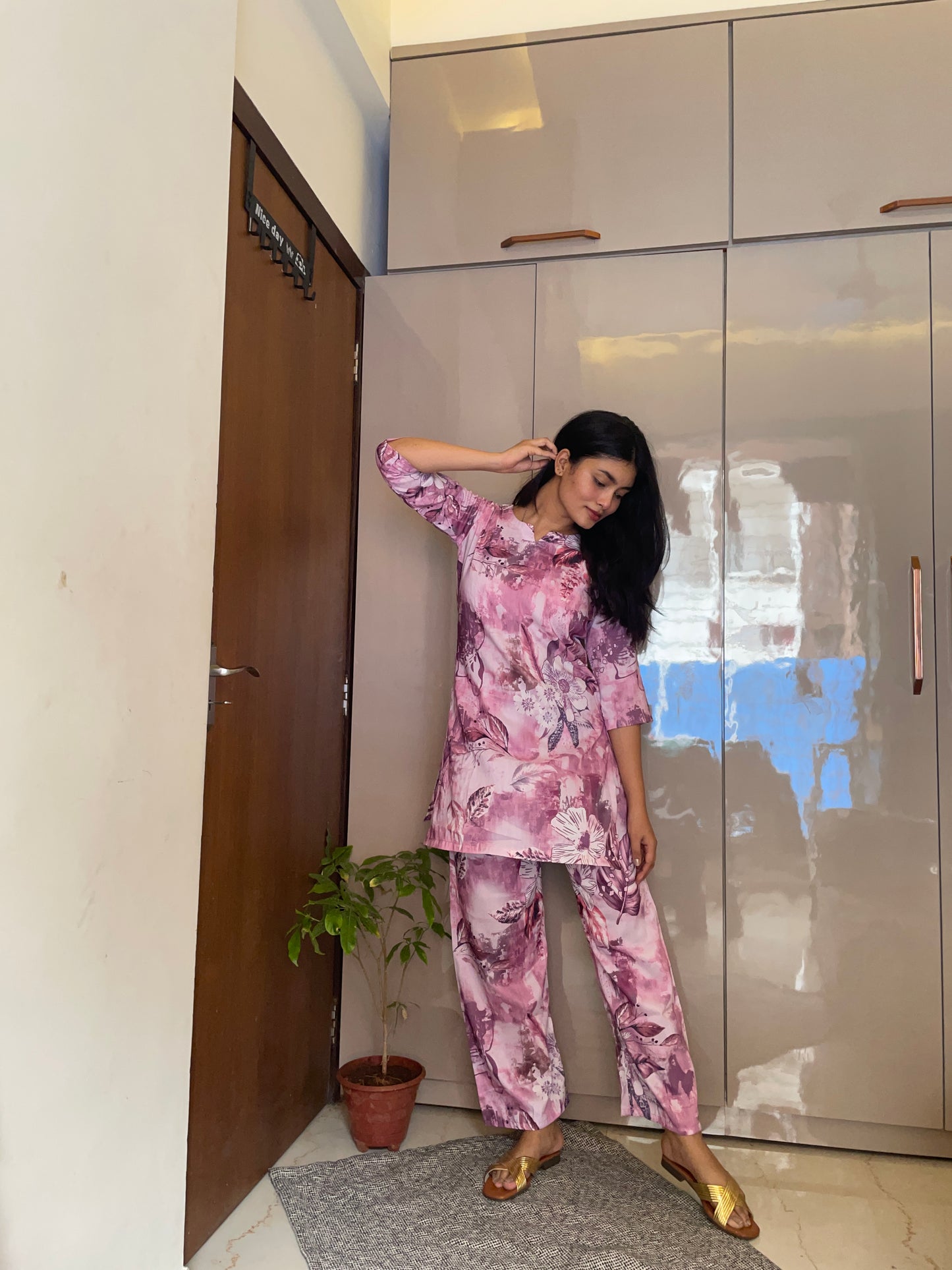 Pink Flower Women Cotton Blend Kurta Pant Set